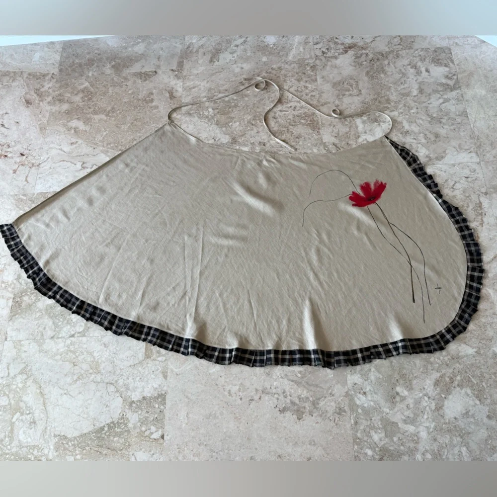 Elegant wraparound Linen Beige Skirt w Black Trim, Handpainted Flower,Size S-M - Picture 13 of 13